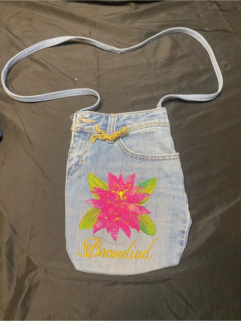 Denim Crossbody Bag with Pink & Green Floral Embroidery